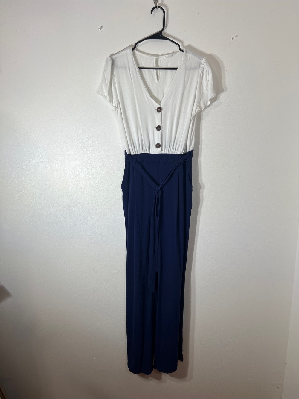 White & Navy Two-Tone Short Sleeve Jumpsuit